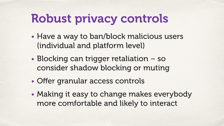 A slide with a bulleted list. “Robust privacy controls”.