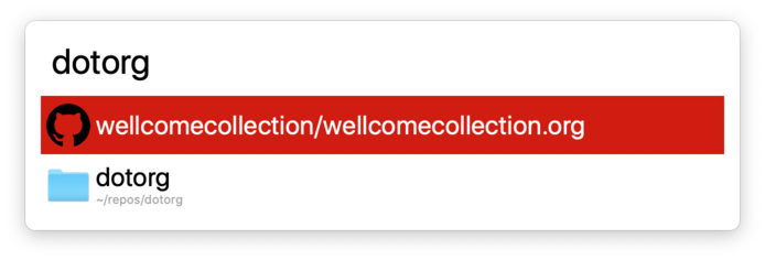 A large search bar with the query 'dotorg', showing two results: a GitHub link to the wellcomecollection.org repo, and a local folder called 'dotorg'.